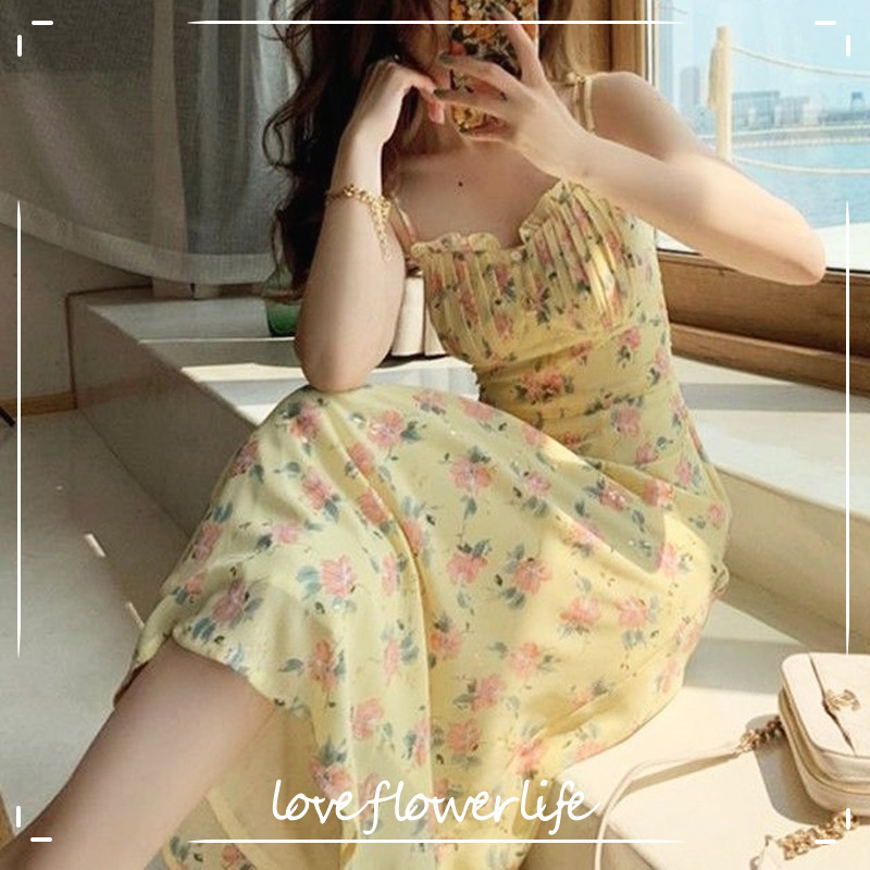 

Sleeveless Elegant Strap Dress Women Square Collar Vingate Floral Midi Dress Beach Dress Korea Office Lady Summer 210521, Blue
