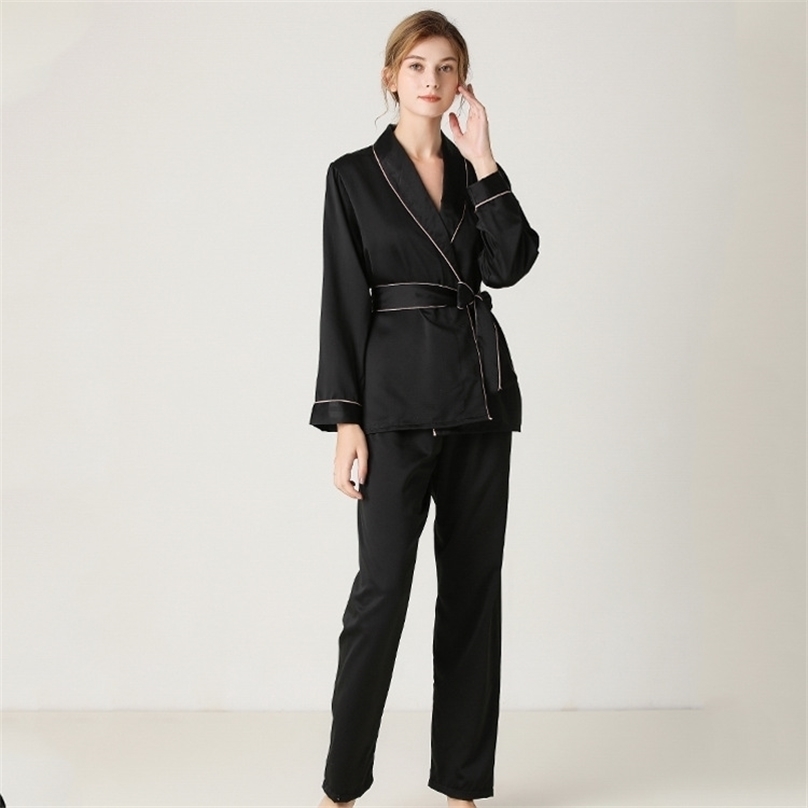 

Pajamas Set Women's Silk Long Sleeve Robes with Pants High-grade Womens Solid Color Lace Two-piece Pjs Women 211109, Black