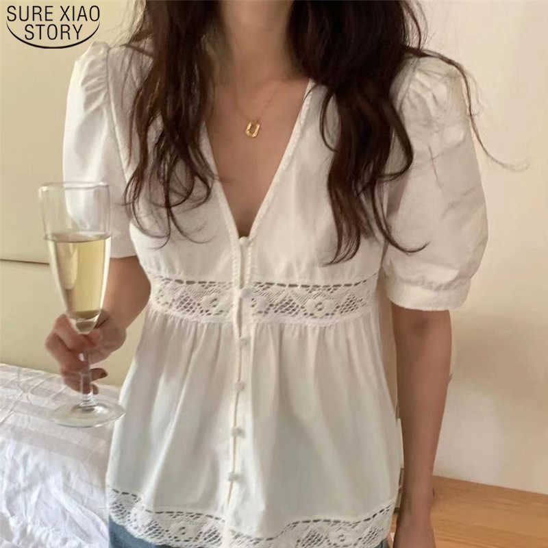 

Korean Summer Short Sleeve Women Shirts V-Neck Hollow Out Woman Blouses Lace Sexy Loose Female Clothing Blusas 14244 210527, Blue