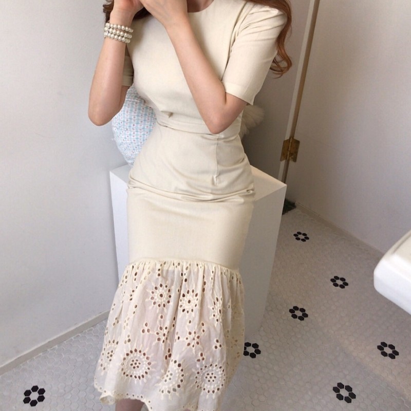 

Women's Korean Retro Chic Ruffled Mermaid Hem High Waist Slim Puff Sleeve Bodycon Office Lady Dress Fashion 210518, Photo color