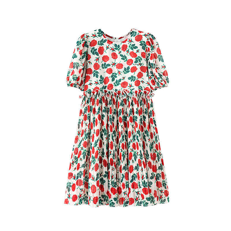

Spring Summer Fashion Vintage Rose Print Puff Sleeves Casual A Line Dresses Women 210615, Photo color