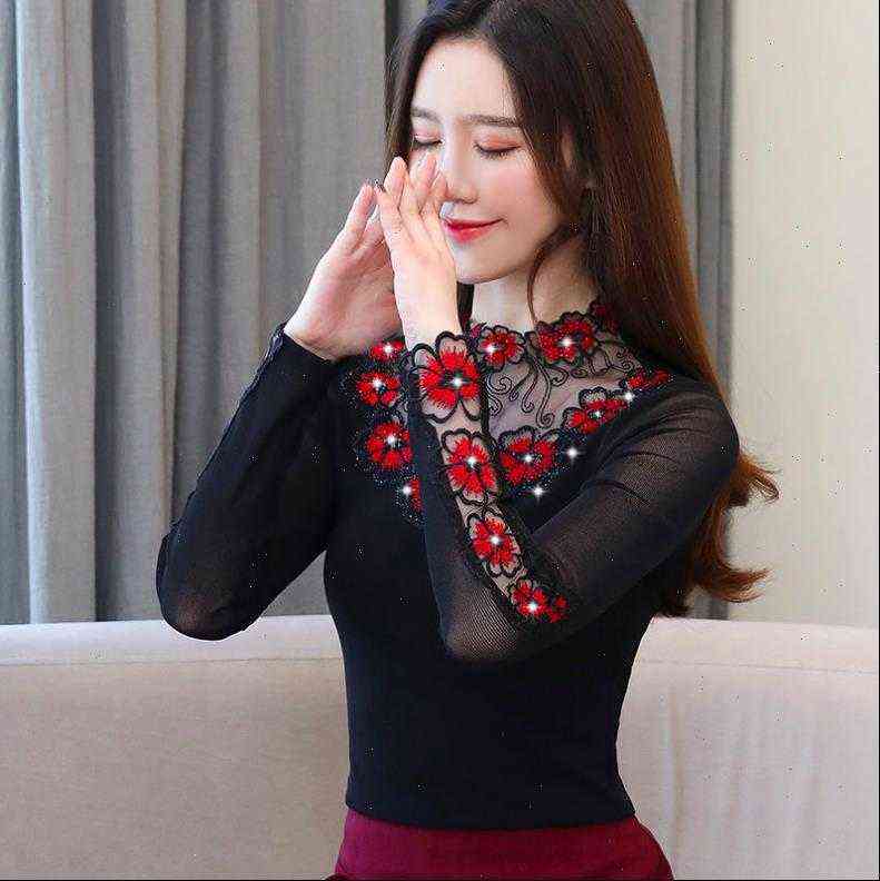 

women shirts autumn winter diamond embroidery gauze bottoming shirt lady long sleeved stand up hollowed thick plus 4xl blouse, White