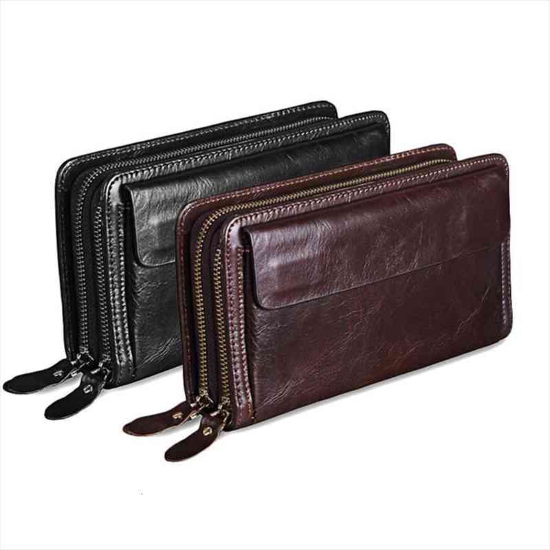 

quality cowhide men clutch wallets genuine leather long purses business large capacity wallet double zipper phone bag for male, Red;black