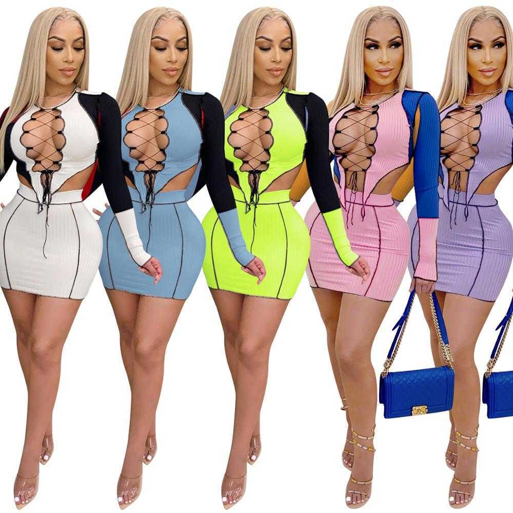 

Zoctuo Color Patchwork Two Piece Sets Autumn Winter Long Sleeve Women'S Set Outfits Cut Out Crop Tops Mini Skirt Set Tracksuit 210708, Black white