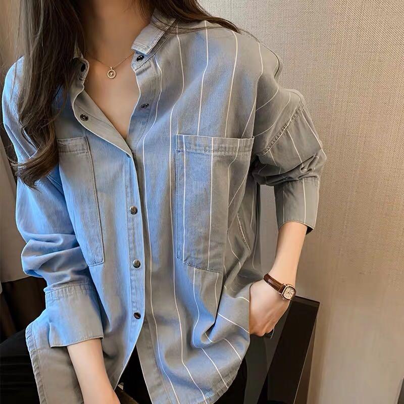 

Women' Blouses & Shirts Denim Office Lady Full Sleeve Woman Fashion Tunics Chemise Vetement Femme 2021 Blusas DM001, Blue