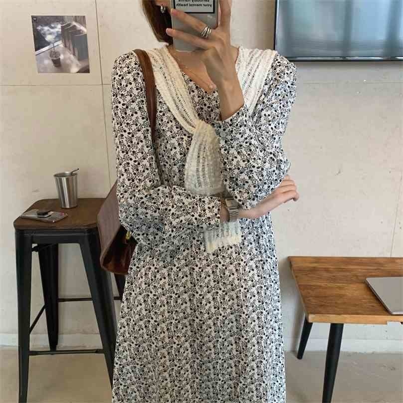 

Full Sleeves Elegance Sweet Printing Prairie Chic Brief Gantle Girls OL All Match Long Dresses Vestidos 210525, Black