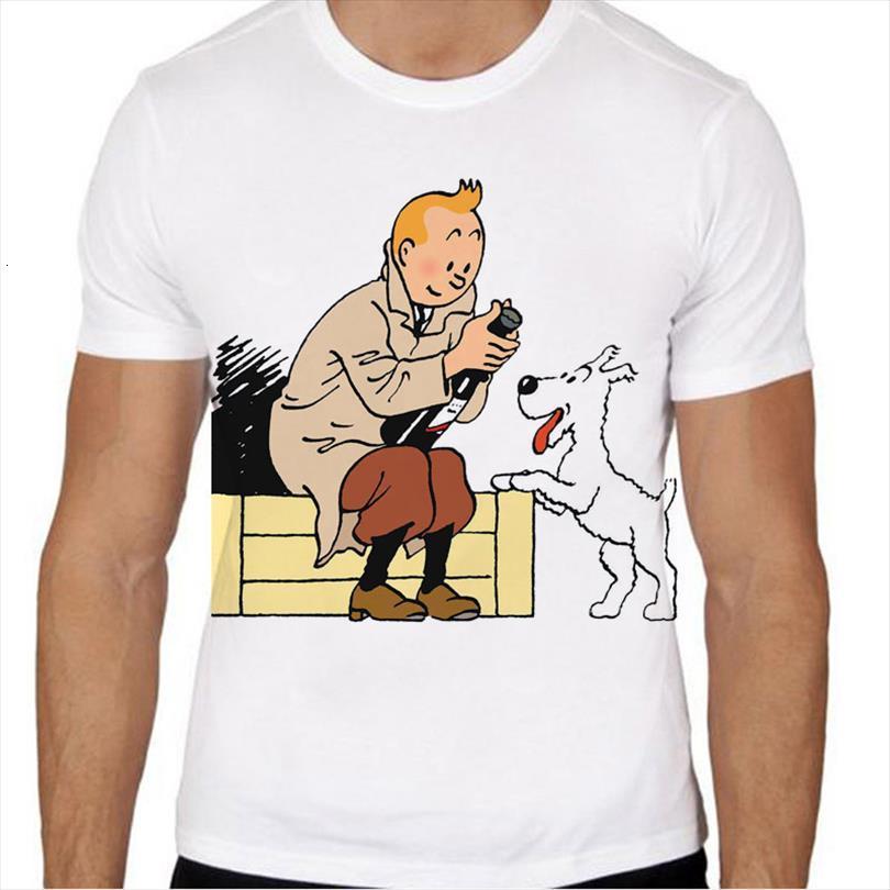Tintin Summer Boy Print Mens T Shirt Anime Brand Clothing White Color Tees Tmm475-image-710588437