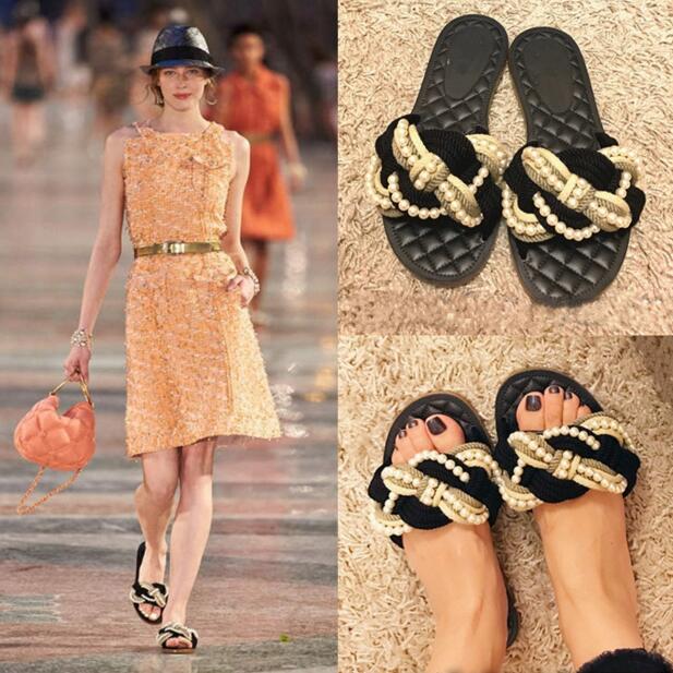

designer summer catwalk show beaded straw braided low heel sandals and slippers pearl flat bottom drag girl, Black