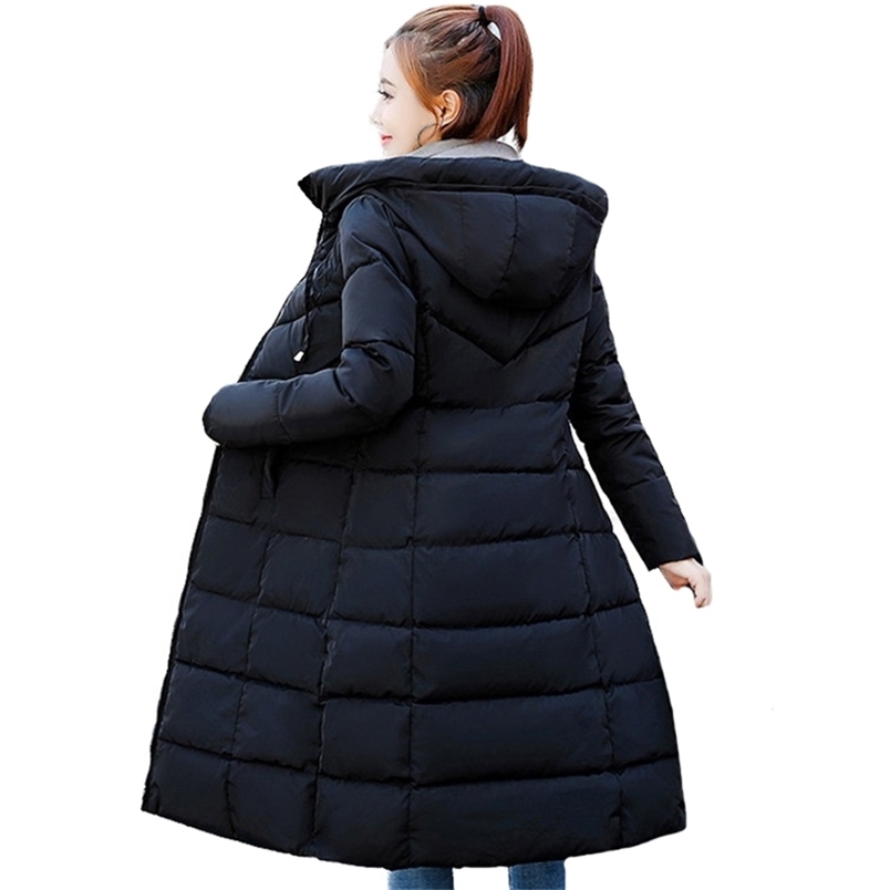 

Long Slim Parkas Fashion Women Winter Coat Thicken Warm Parka Down Cotton Jacket Female Solid Hooded Outwear Overcoat 211018, Red
