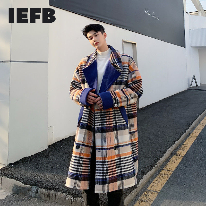 

IEFB /men's wear Plaid overcoat big size woolen color matching woolen coat winter thickened tweed coat for male 9Y4040 210524