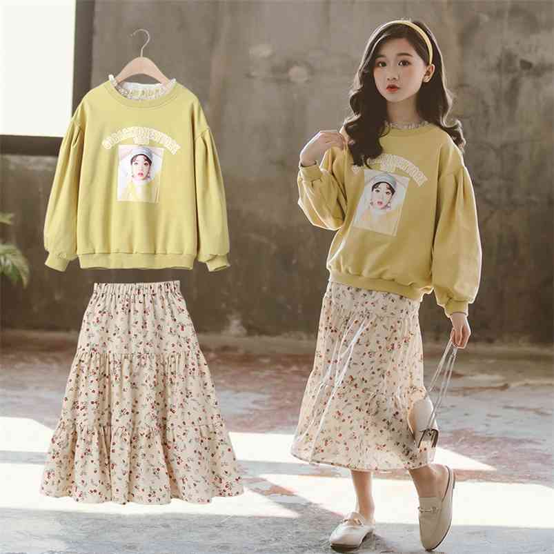 

Winter Children Sets Casual Long Sleeve Print O Neck T-shirt Floral Skirt Cute 2Pcs Girls Clothes 3-12T 210629, Yellow
