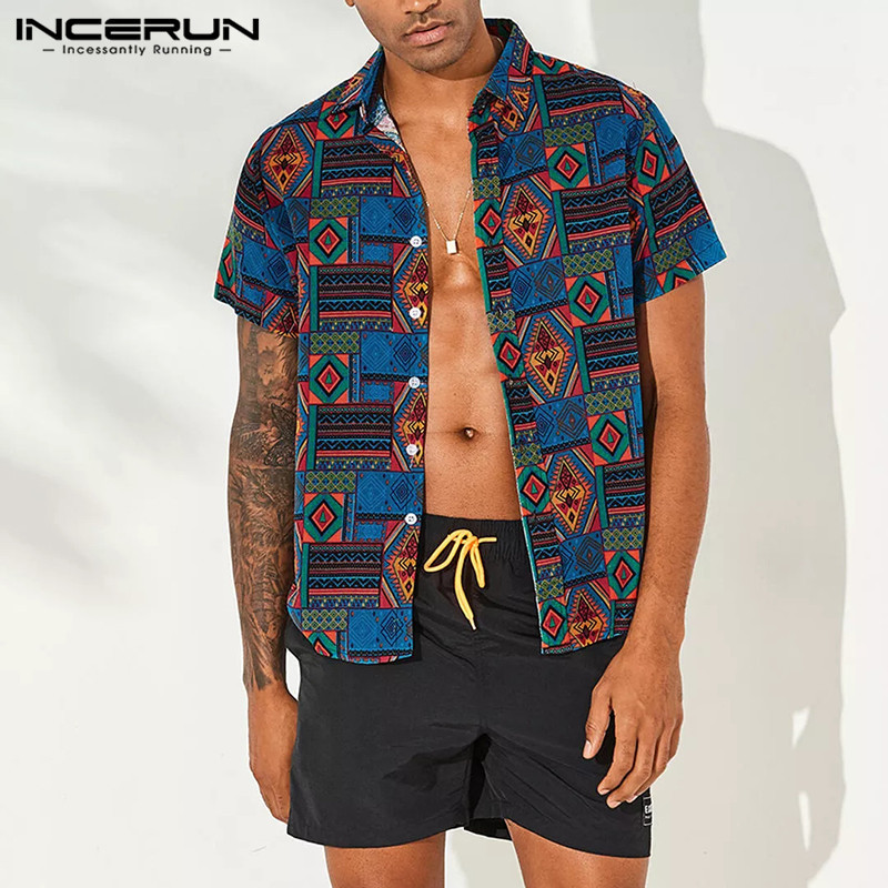 

Men Shirt Ethnic Style Print Cotton Retro Short Sleeve Streetwear Loose Men Beach Hawaiian Shirts Breathable Camisa, White;black
