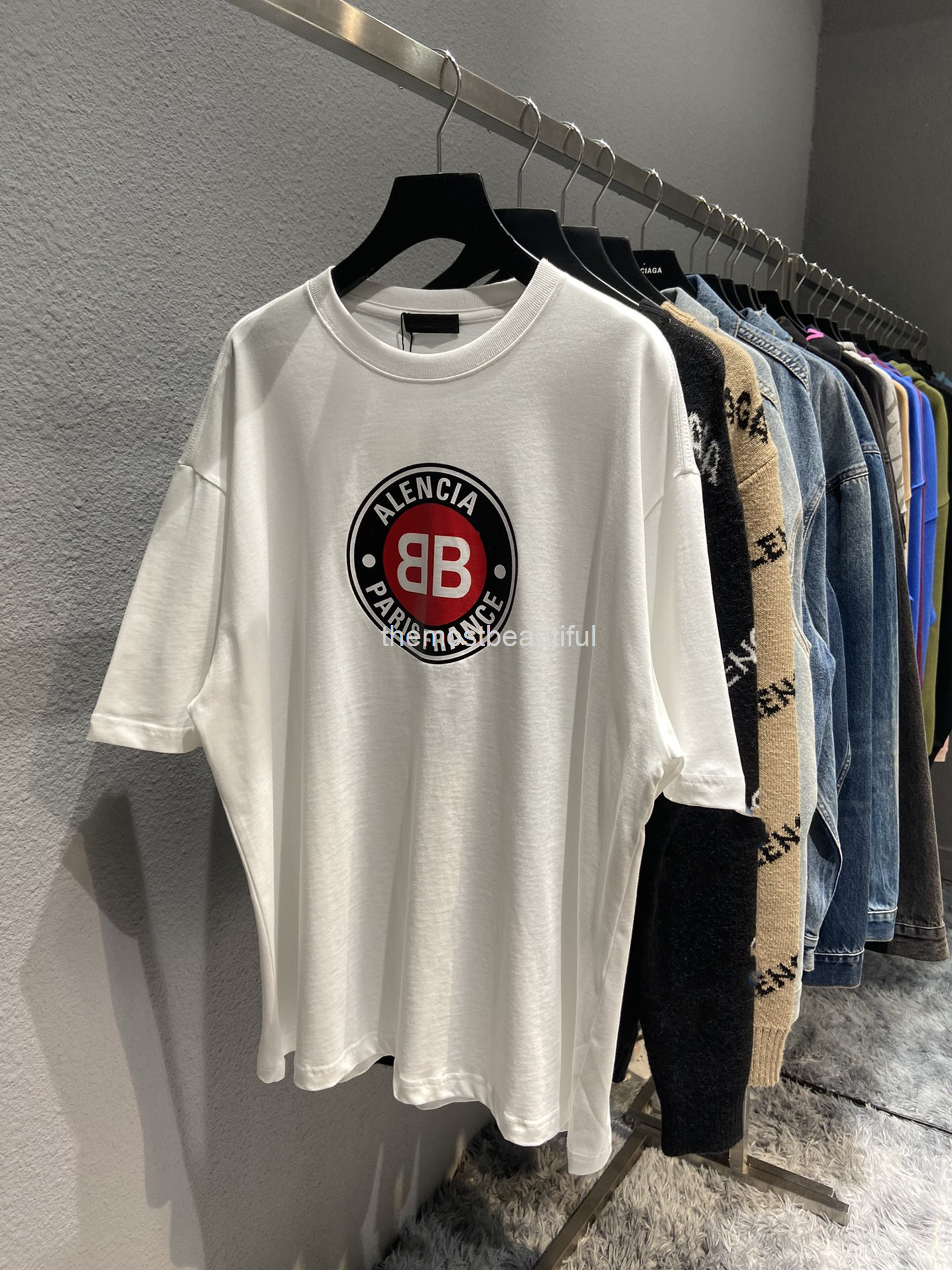

Women's T-Shirt Spring and summer high version b family chest round BB letter print Pullover neck loose versatile men's women's T-shirt short, 2# packing bag