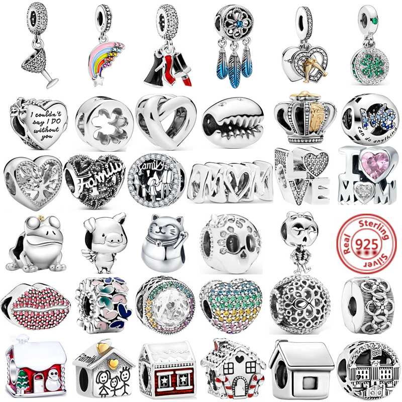 

Other 925 Silver Lipstick Lips Blue Feather Houses Hollow Heart Beads Fit Original Charms Bracelet DIY Fine Jewelry Women Gift