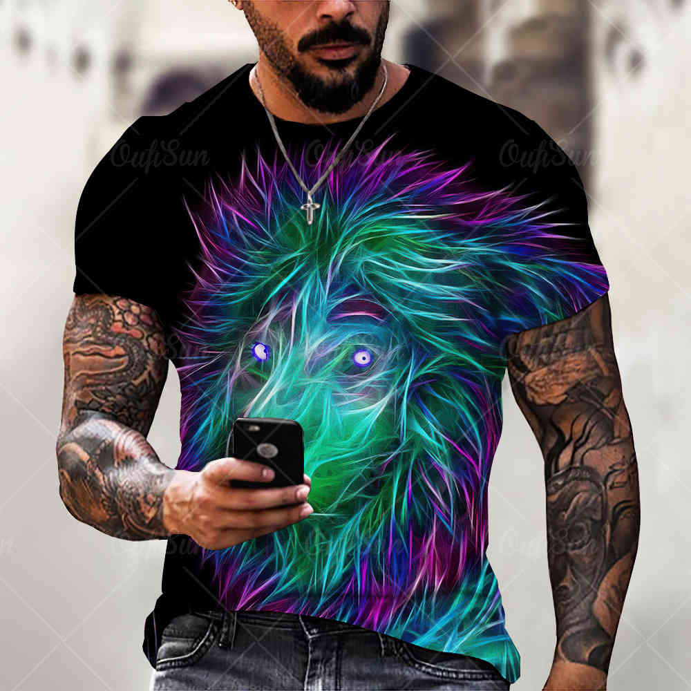 

2021 summer fashion new round neck short sve lion 3d printed men's street hip hop tnx, White;black