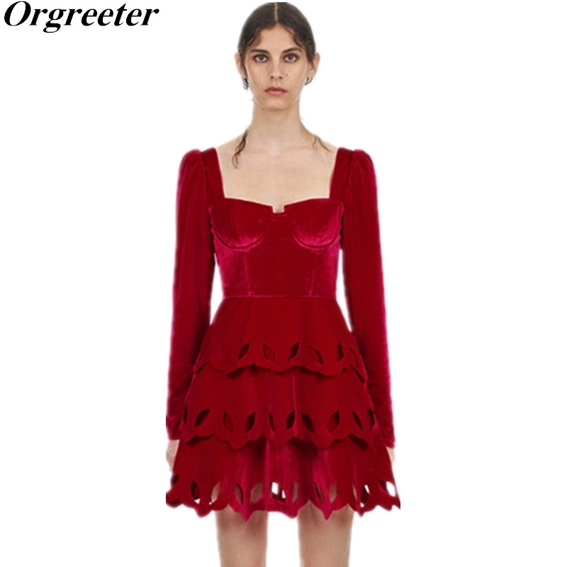 

Self Portrait Velvet Dresses Spring arrive Red/black Party Sexy Backless Lace up Long Sleeve Hollow Cake 210525, Burgundy