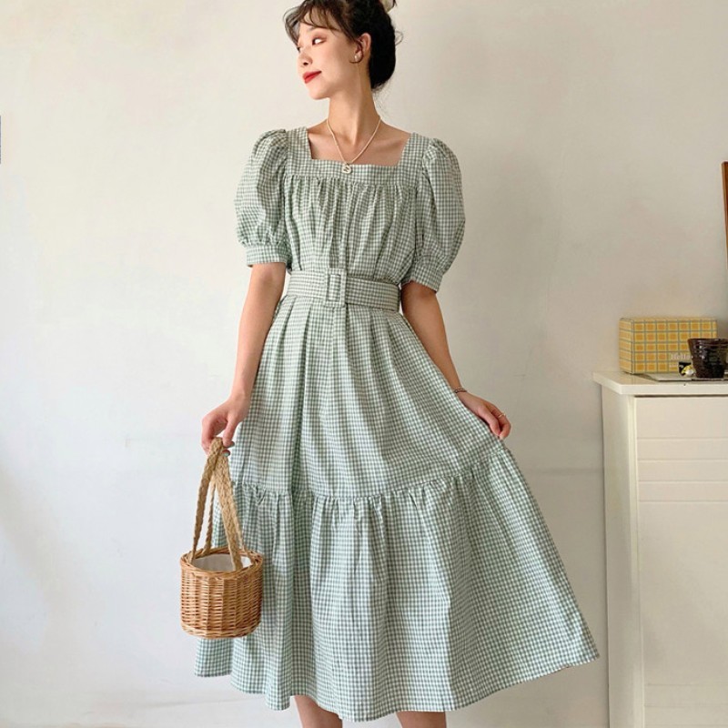 

Fashion Vintage Dresses Woman Summer Puff Sleeve Cute Sweet Korea Elegant Square Collar Plaid Casual Party Dress 210518, Photo color