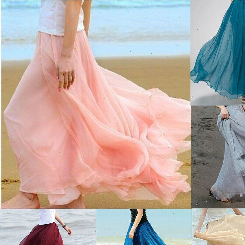 

multi colored solid women skirt boho double layer chiffon long maxi skirts lady girls beach sundress fashion clothes, Black