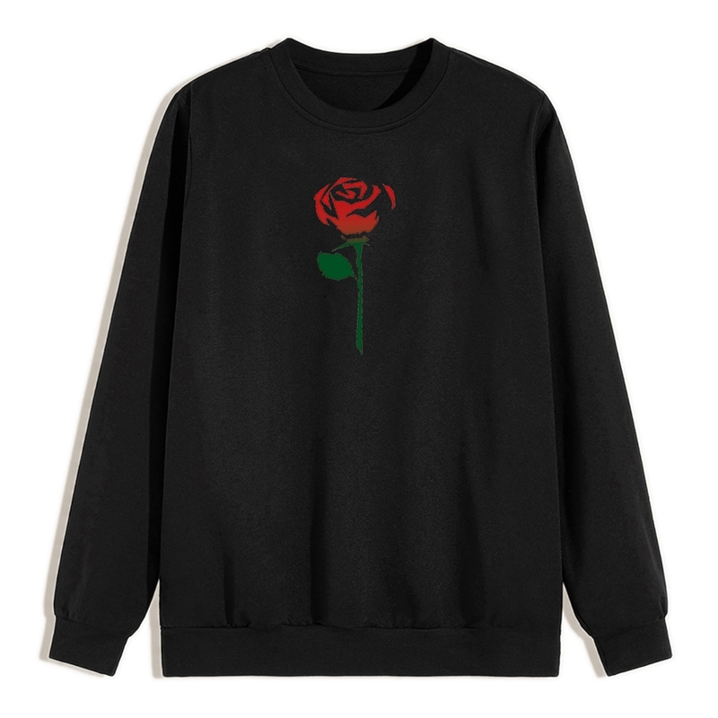 

Autumn rose print round neck sweater men' top, Black