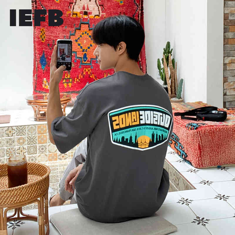 

IEFB Short Sleeve T-shirt Men's Korean Fashion Loose Letter Print Top Fashion Round Neck Versatile Yellow Tee Summer 210524