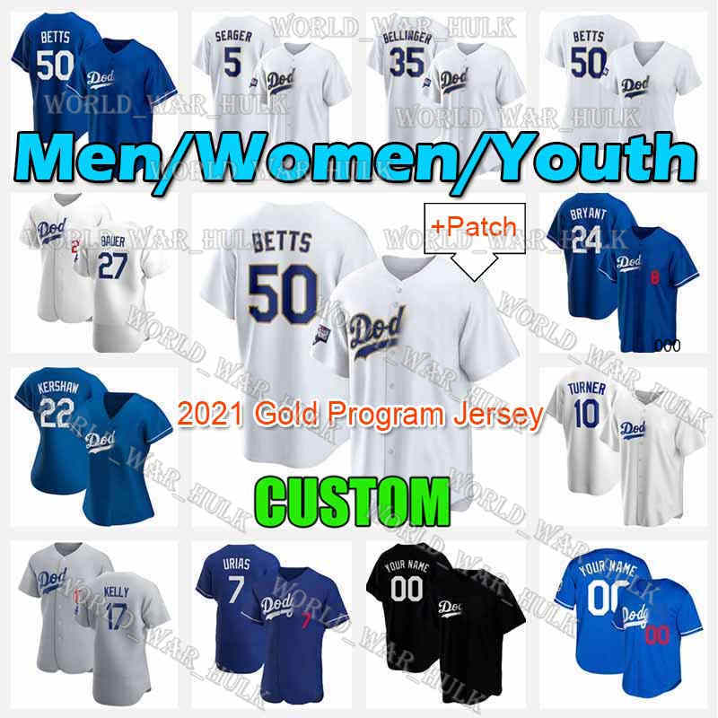 

50 Mookie Betts Jersey 27 Trevor Bauer Max Muncy Dodgers 7 Justin Turner Walker Buehler Clayton Kershaw Los 2021 Gold Program Angeles Custom, Blue;black