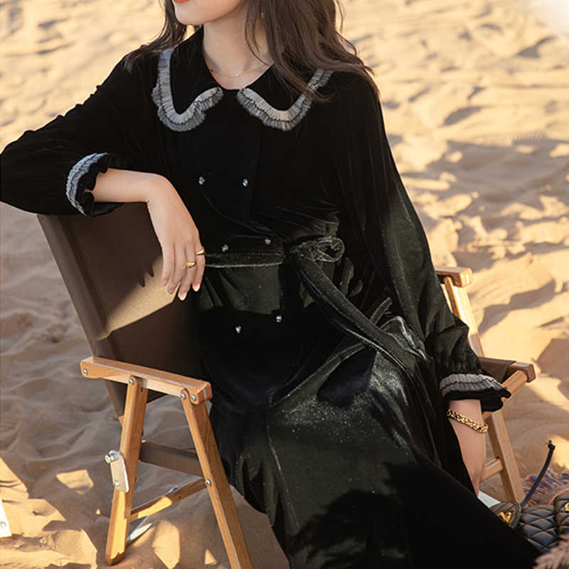 

French Velvet Doll Collar Black Dress Elegant Slim Women Long Sleeve Blazer Winter Lady Casual Party Midi 210604