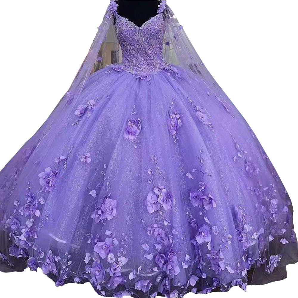 

2022 Lavender Quinceanera Dresses Flowers Beads Crystal With Wraps Floral Appliqu Sweetheart Sweet 16 Dress Ball Gowns Princess, Purple