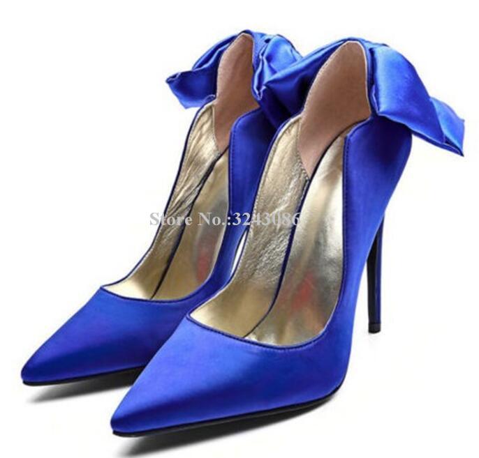 

Dress Shoes Luxury Blue Satin Bowtie Stiletto Heels Pumps Lady Sexy Pointed Toe Back Butterfly Knot Bridal Large Size, Black