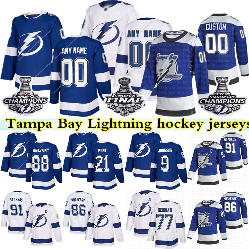 

Tampa Bay Lightning hockey jersey 91 Steven Stamkos 86 Nikita Kucherov 77 Victor Hedman 88 Andrei Vasilevskiy 21 Brayden Point jerseys, Blue 2021 finals patch