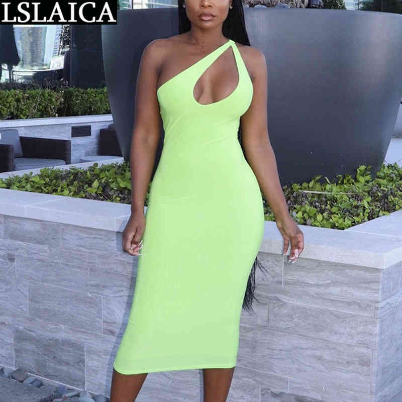 

Wholesale Summer Dress Solid Color Diagonal Collar Hollow Out Sexy Party es High Waist Fashion Knitted Elegant 210520, Green