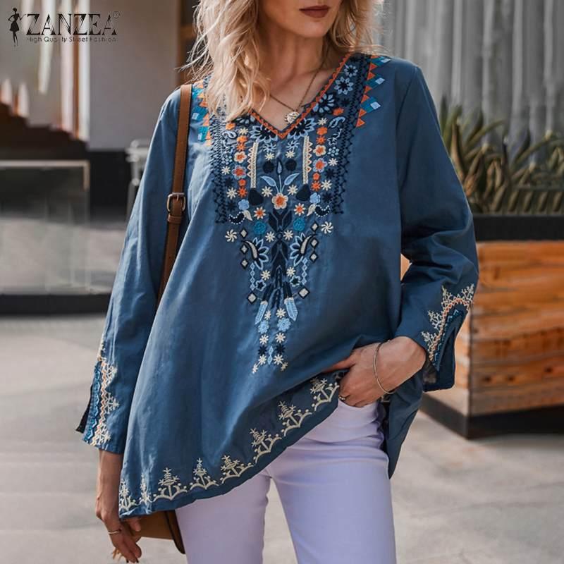 

Women's Blouses & Shirts Printed ZANZEA 2021 Stylish Spring Tops Casual Long Sleeve Blusas Female V Neck Tunic Floral Chemise, White