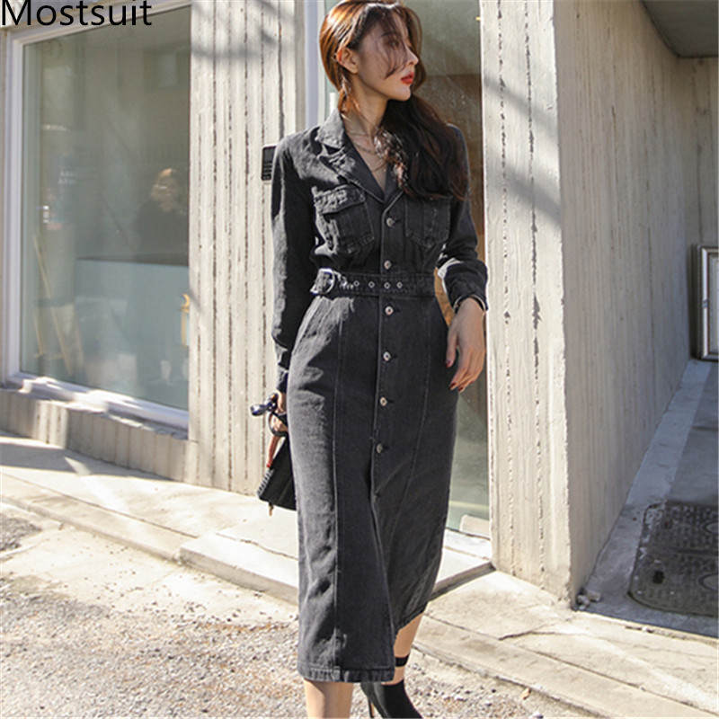 

High Quality Korean Fashion Denim Long Dress Women Sleeve Belted Single Breasted Buttons Vintage Straight Spring 210518, Grey
