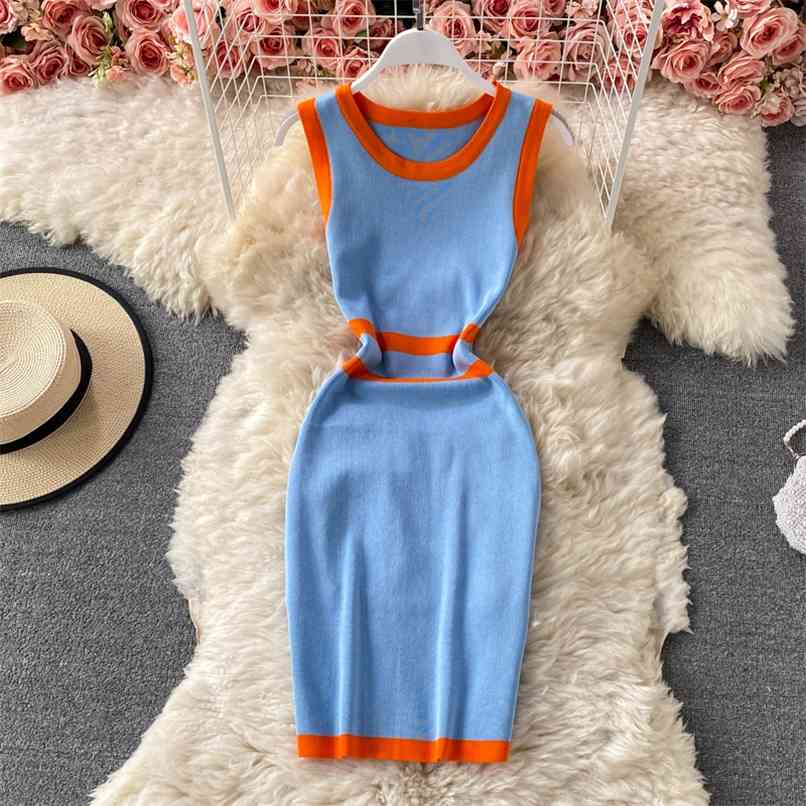 

Korean Knitted Dress for Women Summer Contrast color Stitching Slim Bodycon Mini Sweater Tank Female 210602, Gray