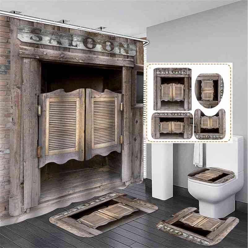 

3D Rustic Vintage Old Wooden Door Waterproof Bath Shower Curtain Anti Slip Bathroom Rugs Set Kitchen Bath Mat Toilet Cover 210402
