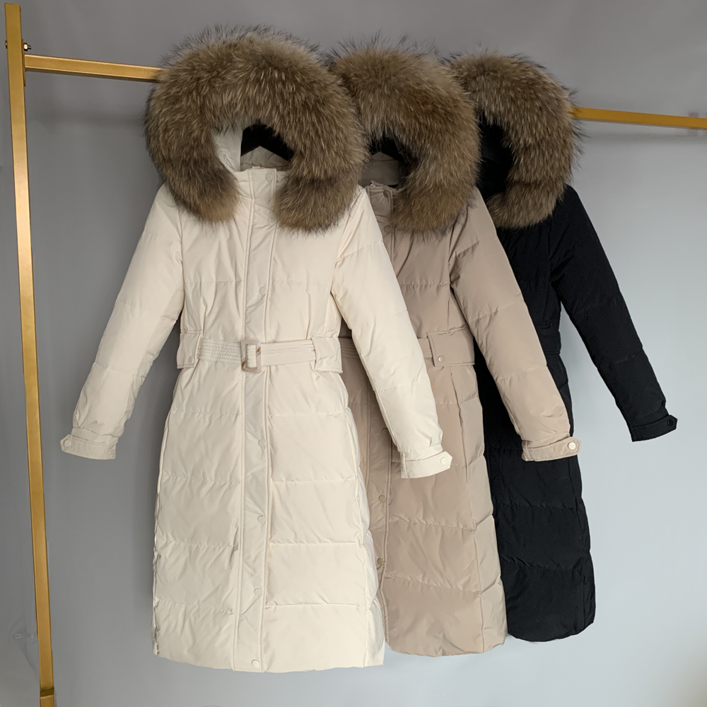 

Women 90% White Duck Down Coat Large Natural Raccoon Fur Long Jacket Loose Hooded Thick Parkas Female Overcoat With Belt