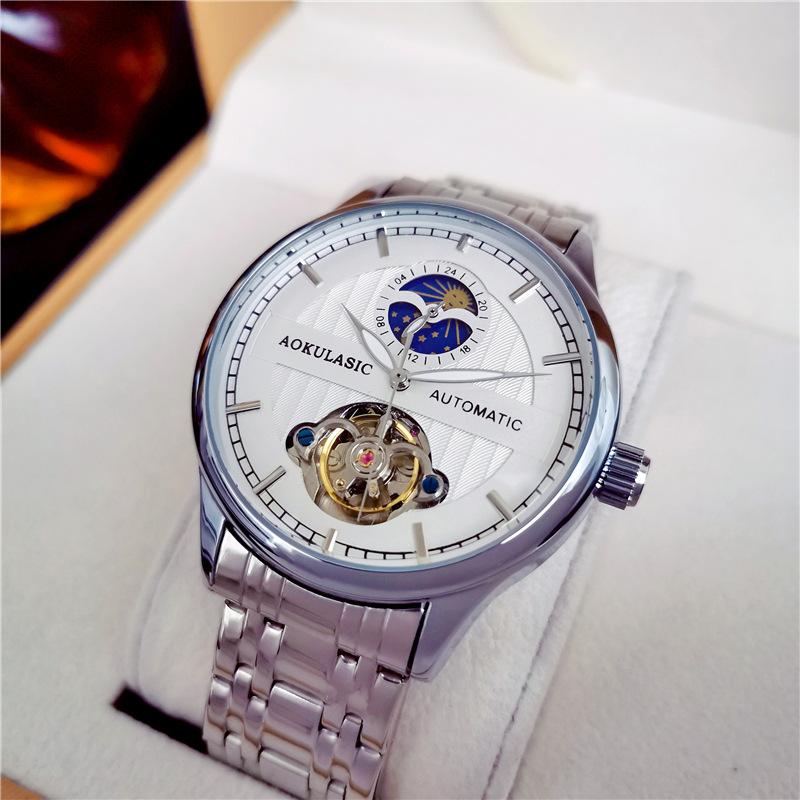 

Wristwatches Aokulasic Men Watches Luxury Automatic Self-Wind Tourbillon Hollow Out 30M Waterproof Stainless Steel Butterfly Clasp Watch, Gold whit