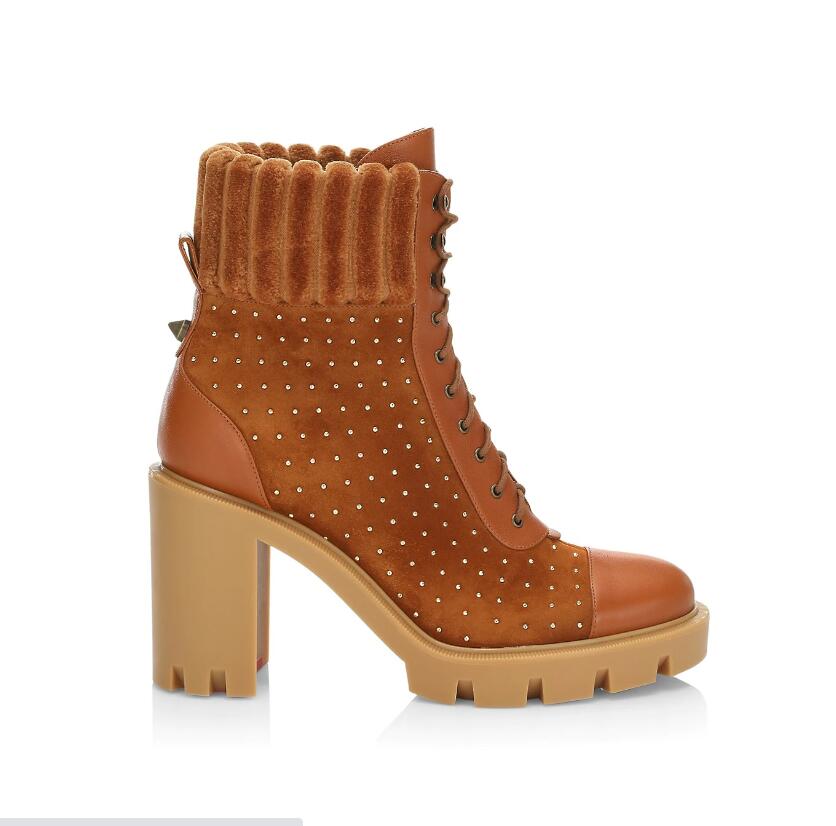 

Women Knight boots luxury design ankle boot red bottom heeled Dakita Lug 70mm Studded Suede Reds Sole Booties suede with rhinestone, Black