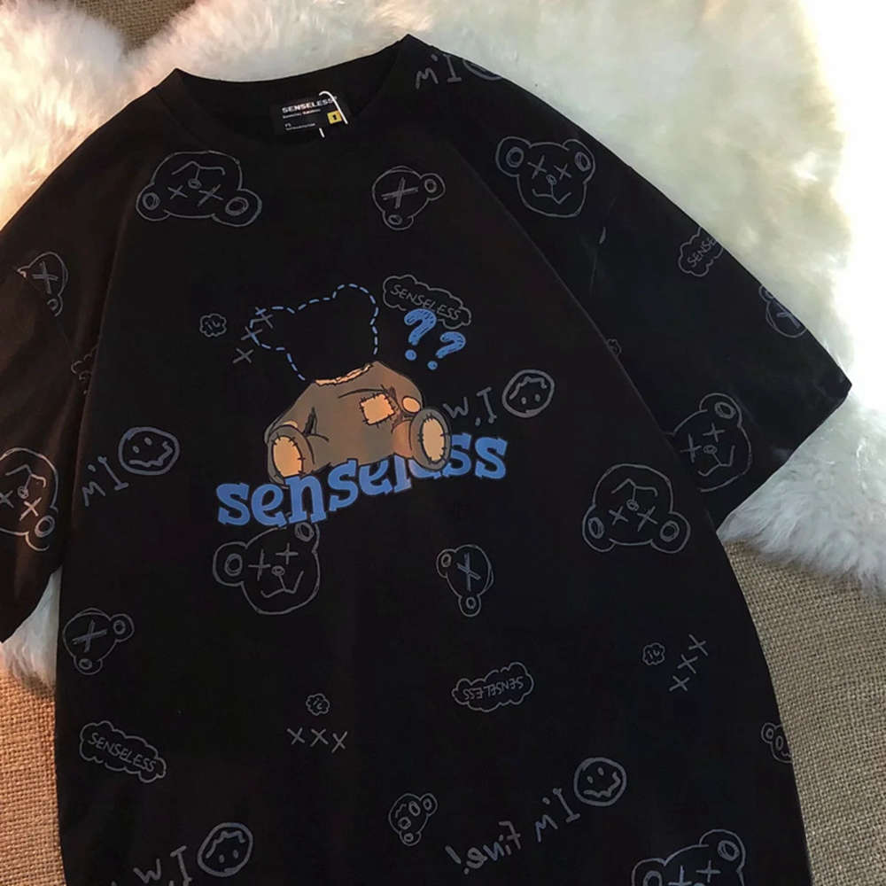 

polo shirt Ins super fire full print bear short t-shirt men's summer Korean fashion Harajuku BF students loose and versatile half sleeve top, White;black