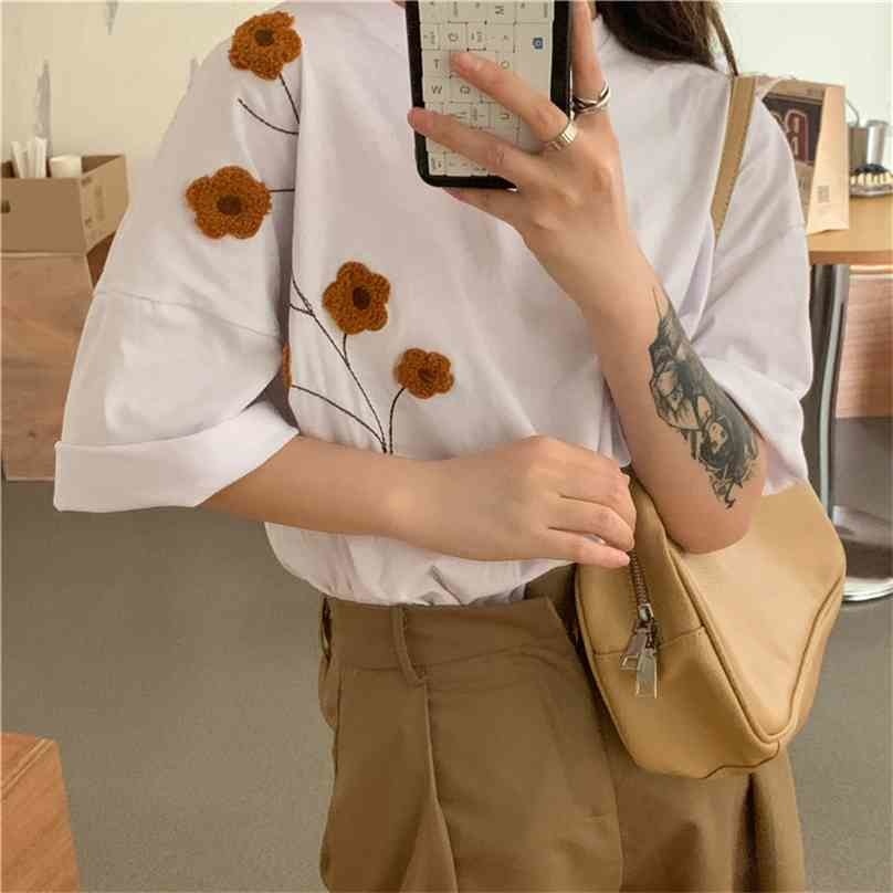 

Summer Short-Sleeved Floral Embroidery Pullovers Basewear Chic Loose Tops Casual Tee Gentle T-shirts 210525, Black