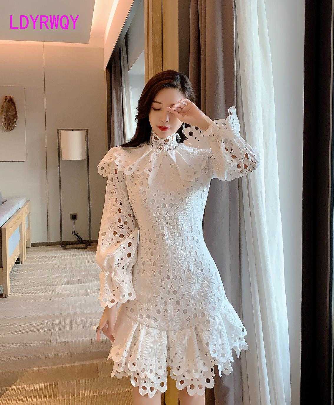 

dress sexy hollow lantern sleeve long heavy industry irregular white Knee-Length Zippers Lace 210603