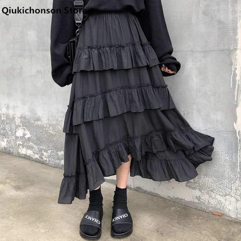 

Qiukichonson Midi Long Skirts Womens Maxi Skirt Goth Lolita Summer High Waisted Asymmetrical High Low Ruched Ruffle Skirts rok, Black