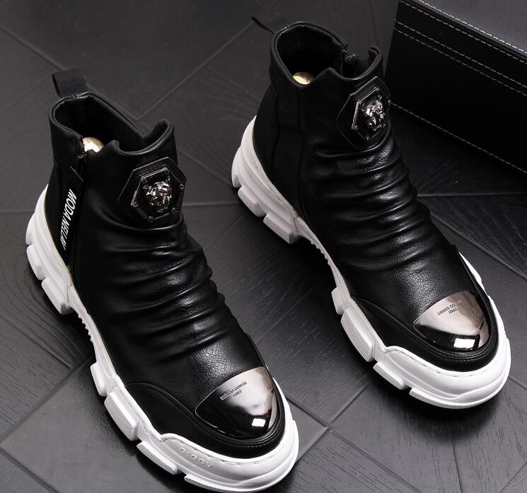 

Designer Men Martin Boots Trendy rock punk rivet Hight top Casual Flats metal plate Shoes Male Wedding Moccasins Sapato Social Masculino, Black