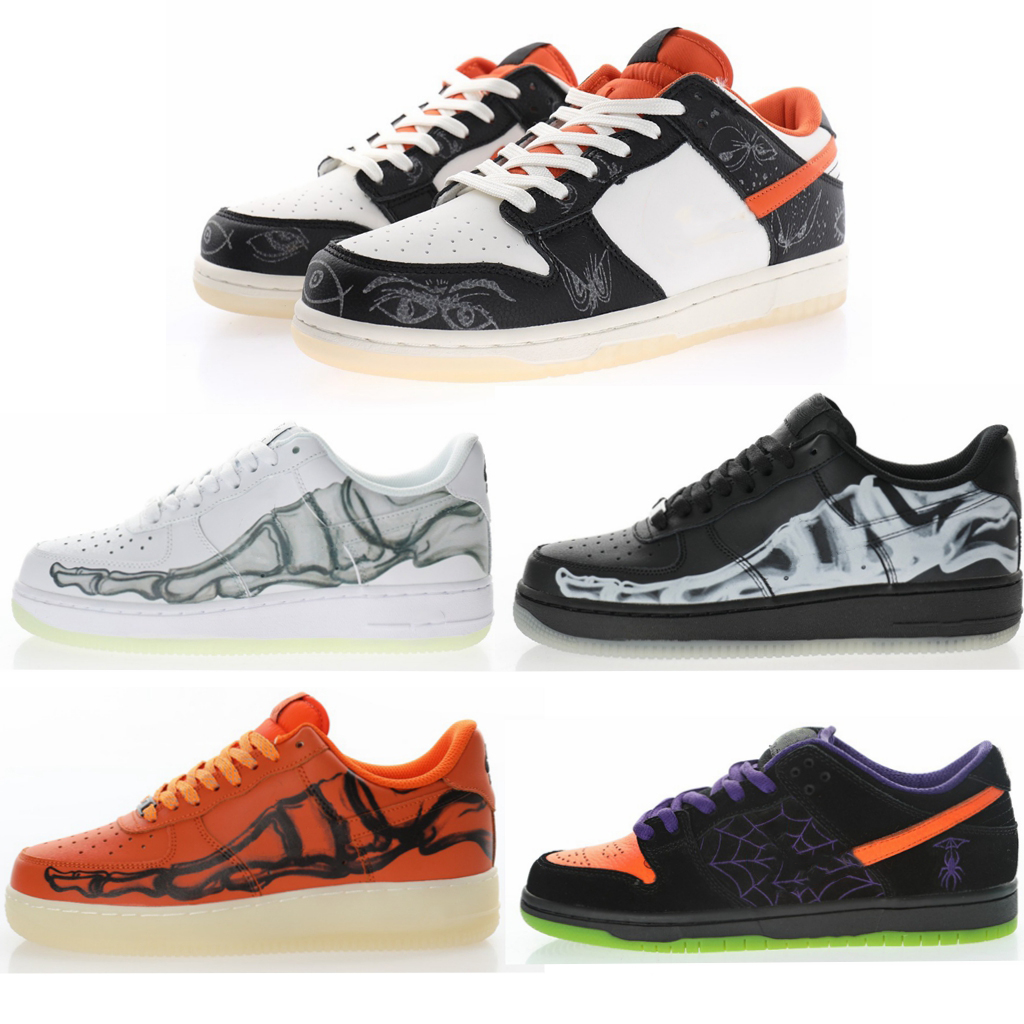 

Halloween Gift Fashion Lighted Running Shoes SB Low Pro Night of Mischief Forces Skeleton Black on Black Orange Men Women High Quality Luminous Leisure Sneaker, 07