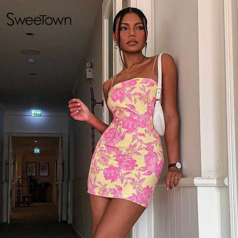 

Sweetown 2000s Aesthetic Cute Mini Dresses Women Floral Print Kawaii Holiday Clothes Sleeveless Sexy Y2K Beach Dress Summer Y0608, As picture