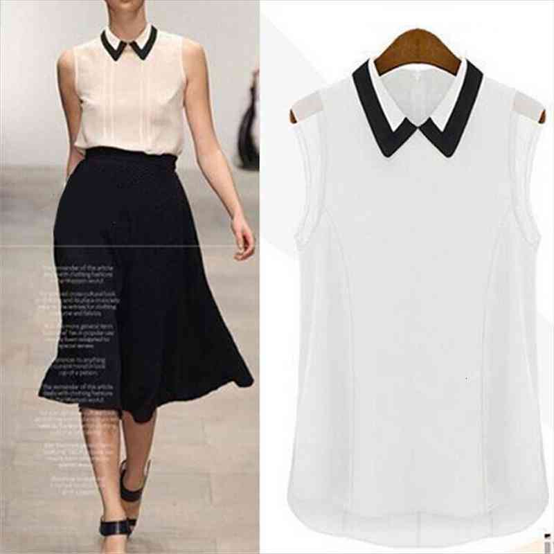 

Shirt Doll Collar Mesh Chiffon Shirt Trend Sleeveless Slim Vest Black And White Color Matching Lapel