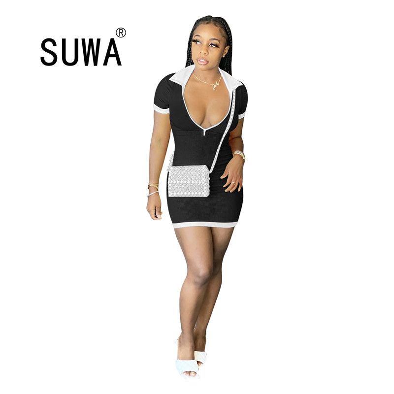 

Women Knitted Patchwork Turn Down Neck Short Sleeve Bodycon Mini Casual Dress Sexy Party Club Dresses Pencil Vestidos Sundress 210525, Black