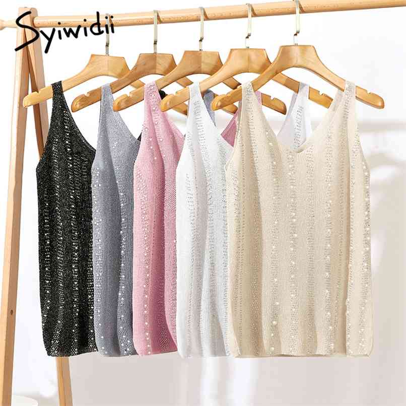 

Knitted Tank Top for Women Bling Rivet Fashion Streetwear Korean Mesh V Neck Cami Summer Green Beige Gray Black 210607, Blue
