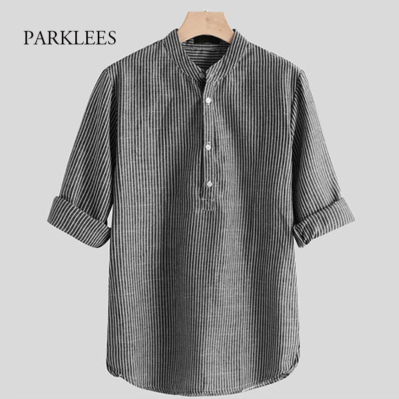 

Striped Shirt Men Autumn Long Sleeve Mens Cotton Dress Shirts Stand Collar Casual Camisas Slim Cosy Breathable Chemise Homme 5XL 210524, Red