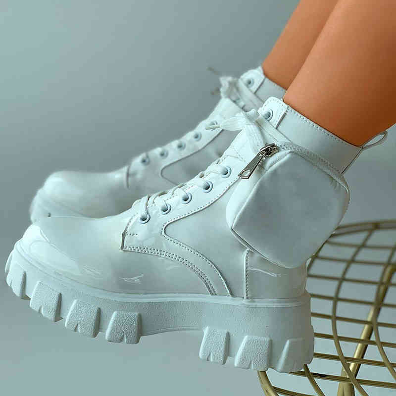 

Boots Women Ankle Booties Double Buckle Lace Up Side Portable Bag Ladies Motorcycle Boot Fashion Pocket Design Combat 99VX, 1# shoe box