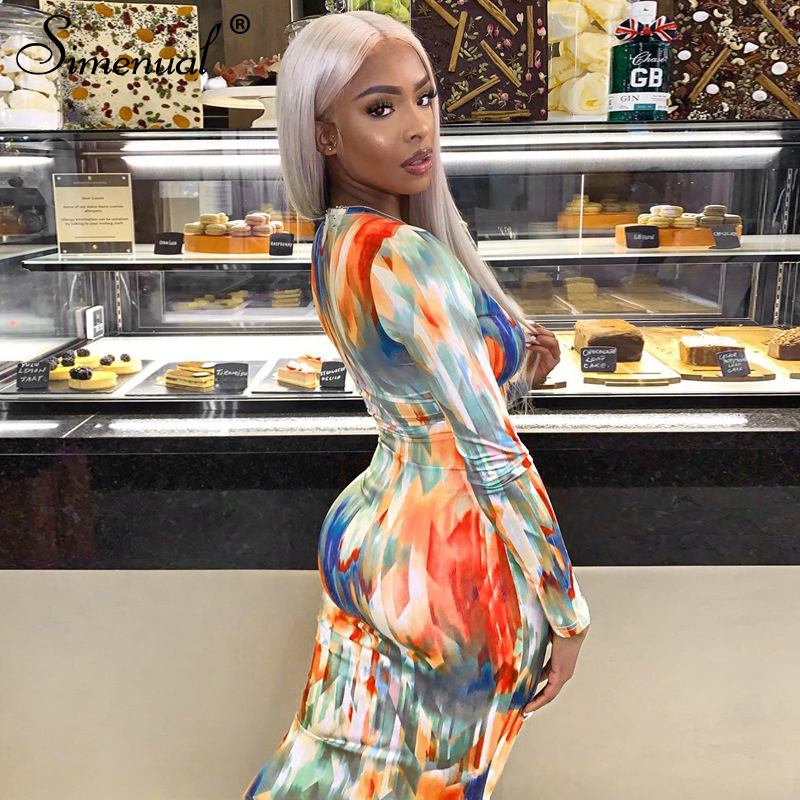 

Simenual V Neck Sexy Fashion 2021 Print Women Bodycon Dresses Long Sleeve Party Clubwear Skinny Hot Pencil Midi Dress Spring, As seen